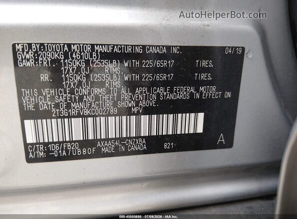 2T3G1RFV8KC002789 2019 TOYOTA RAV4 Silver Շարժիչի բաժամունքի տեսք