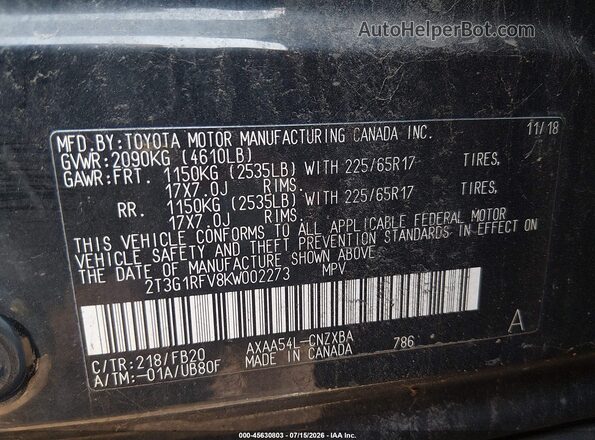 2T3G1RFV8KW002273 2019 TOYOTA RAV4 Black ძრავის განყოფილების ხედი