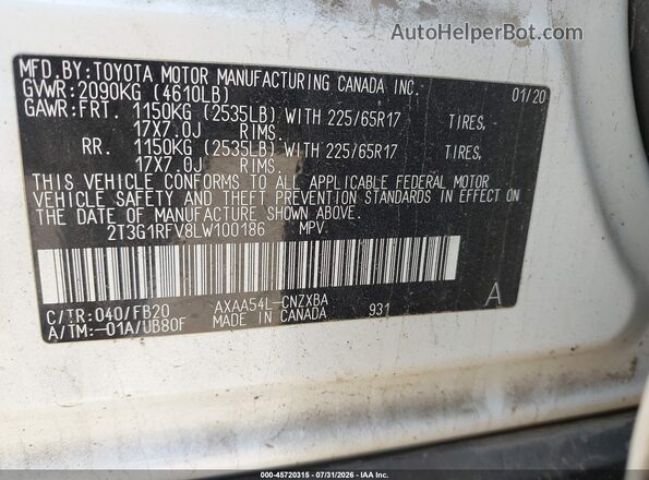 2T3G1RFV8LW100186 2020 TOYOTA RAV4 White Widok komory silnika