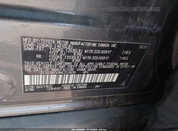 2T3G1RFV9MC253839 2021 TOYOTA RAV4 Gray Շարժիչի բաժամունքի տեսք