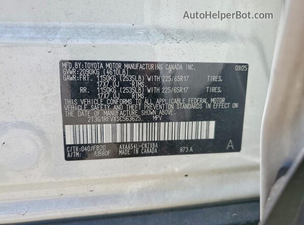 2T3G1RFVXSC563625 2025 TOYOTA RAV4 Белый Панорамный вид салона 360°