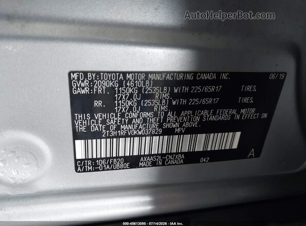2T3H1RFV0KW037829 2019 TOYOTA RAV4 Silver ძრავის განყოფილების ხედი