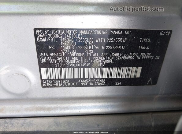 2T3H1RFV0LC034545 2020 TOYOTA RAV4 Gray Շարժիչի բաժամունքի տեսք