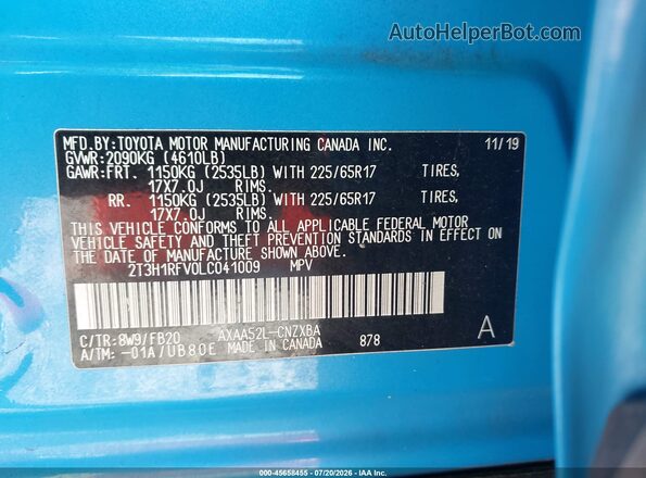 2T3H1RFV0LC041009 2020 TOYOTA RAV4 Blue Widok komory silnika