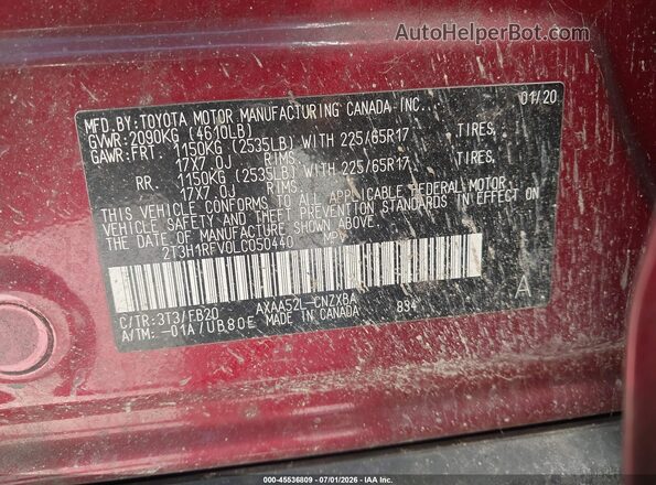 2T3H1RFV0LC050440 2020 TOYOTA RAV4 Red Vista del compartimento del motor