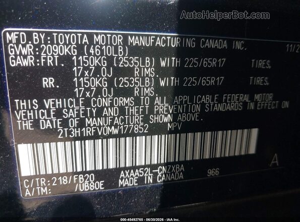 2T3H1RFV0MW177852 2021 TOYOTA RAV4 Black Vista del compartimento del motor