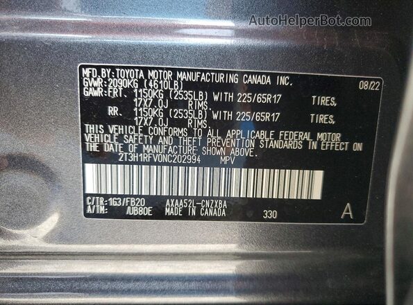 2T3H1RFV0NC202994 2022 TOYOTA RAV4 Серый Вид наклейки с VIN-кодом