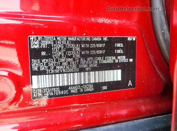 2T3H1RFV1KC006350 2019 TOYOTA RAV4 Burgundy Widok naklejki z numerem VIN