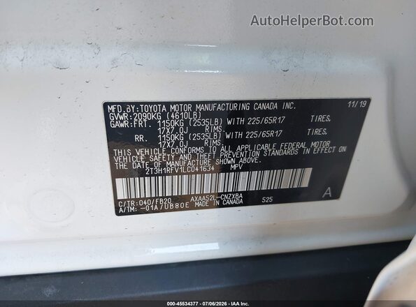 2T3H1RFV1LC041634 2020 TOYOTA RAV4 White Вид підкапотного простору