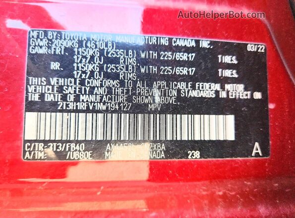 2T3H1RFV1NW194127 2022 TOYOTA RAV4 Темно-бордовый Вид подкапотного пространства