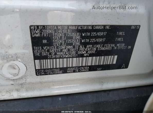 2T3H1RFV2KW040151 2019 TOYOTA RAV4 White Вид підкапотного простору