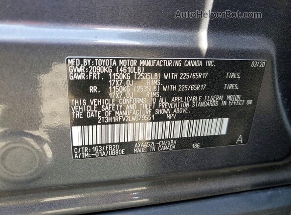 2T3H1RFV2LW079551 2020 TOYOTA RAV4 Gray VIN sticker view