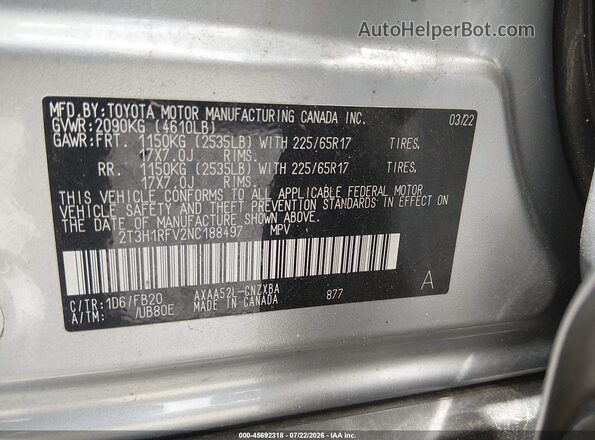 2T3H1RFV2NC188497 2022 TOYOTA RAV4 Серебряный Вид подкапотного пространства