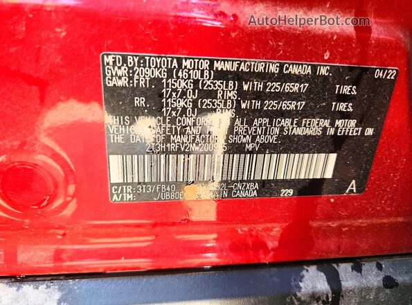 2T3H1RFV2NW200985 2022 TOYOTA RAV4 Red Панорамний вид салону 360°