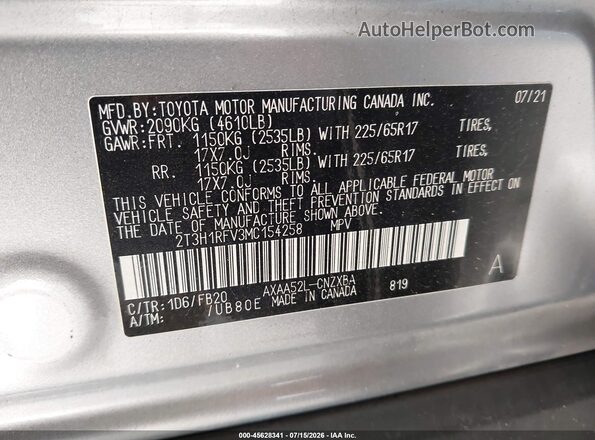 2T3H1RFV3MC154258 2021 TOYOTA RAV4 Silver Vista del compartimento del motor