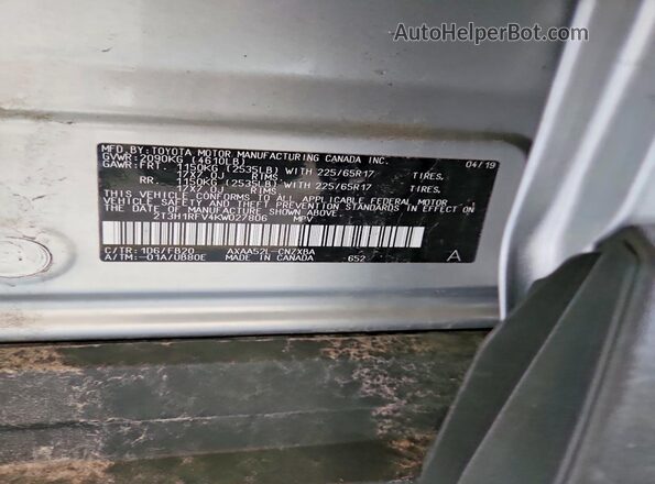 2T3H1RFV4KW027806 2019 TOYOTA RAV4 Silver Շարժիչի բաժամունքի տեսք