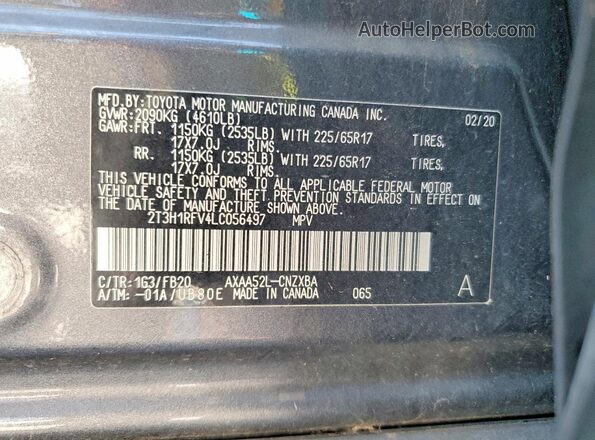 2T3H1RFV4LC056497 2020 TOYOTA RAV4 Gray Вид наклейки з VIN-кодом
