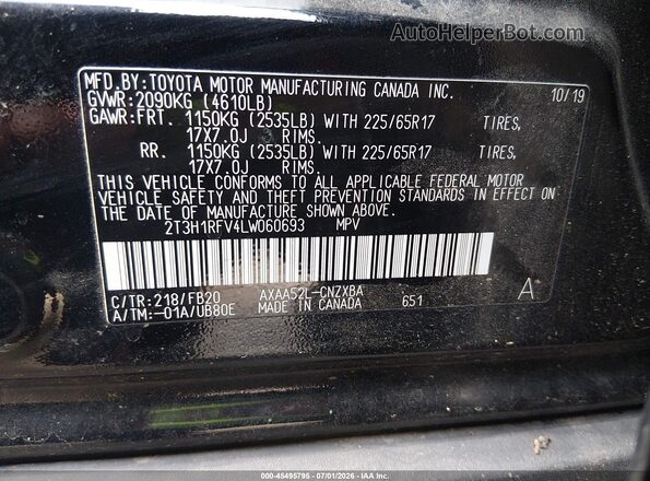 2T3H1RFV4LW060693 2020 TOYOTA RAV4 Black Widok komory silnika