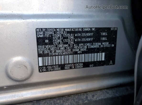 2T3H1RFV5LW092911 2020 TOYOTA RAV4 Серебряный Вид наклейки с VIN-кодом