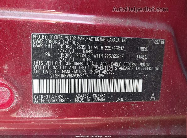 2T3H1RFV6KW053114 2019 TOYOTA RAV4 Red Вид підкапотного простору