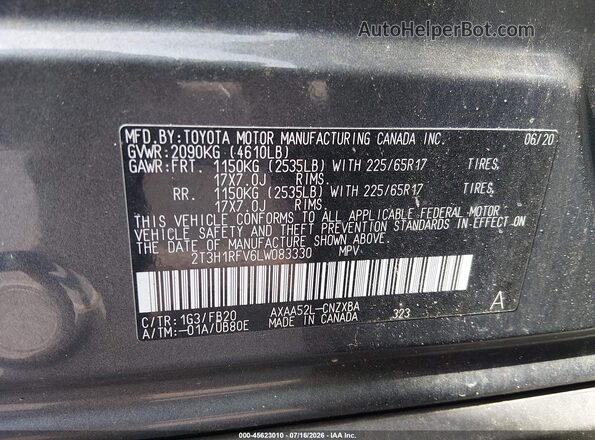 2T3H1RFV6LW083330 2020 TOYOTA RAV4 Gray Вид підкапотного простору