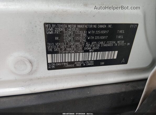 2T3H1RFV6MC114644 2021 TOYOTA RAV4 White Vista del compartimento del motor