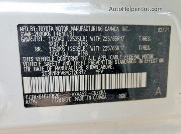 2T3H1RFV6MC126812 2021 TOYOTA RAV4 Белый Вид наклейки с VIN-кодом