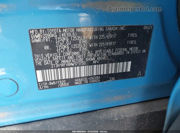 2T3H1RFV6MW171750 2021 TOYOTA RAV4 Blue Շարժիչի բաժամունքի տեսք