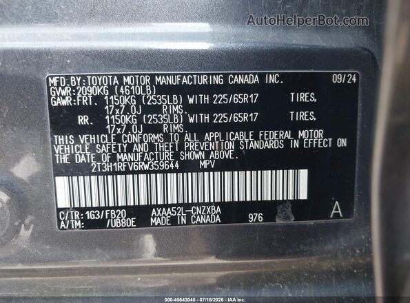 2T3H1RFV6RW359644 2024 TOYOTA RAV4 Gray Вид підкапотного простору