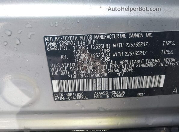 2T3H1RFV7LW090318 2020 TOYOTA RAV4 Gray Vista del compartimento del motor