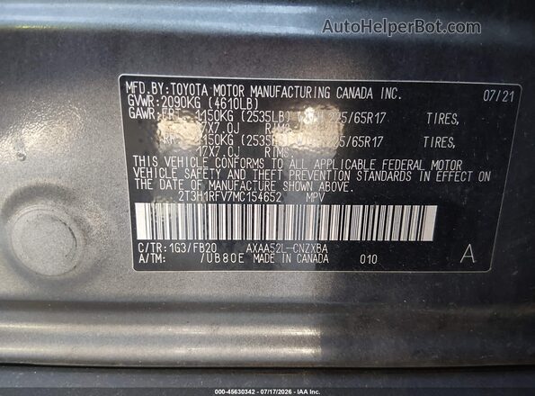 2T3H1RFV7MC154652 2021 TOYOTA RAV4 Gray ძრავის განყოფილების ხედი
