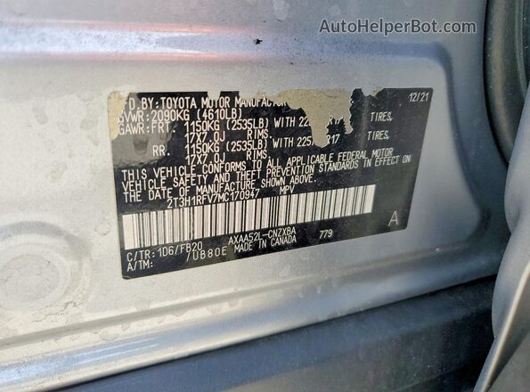 2T3H1RFV7MC170947 2021 TOYOTA RAV4 Gray VIN sticker view