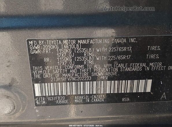 2T3H1RFV7NC202233 2022 TOYOTA RAV4 Gray ძრავის განყოფილების ხედი