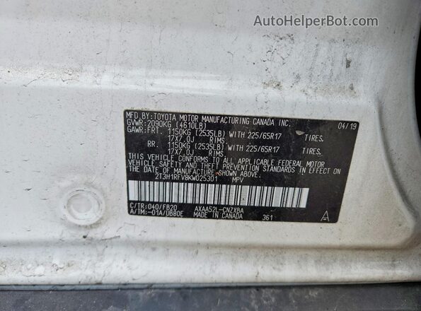 2T3H1RFV8KW025301 2019 TOYOTA RAV4 White Widok naklejki z numerem VIN