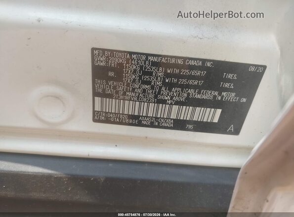 2T3H1RFV8LC082391 2020 TOYOTA RAV4 White ძრავის განყოფილების ხედი