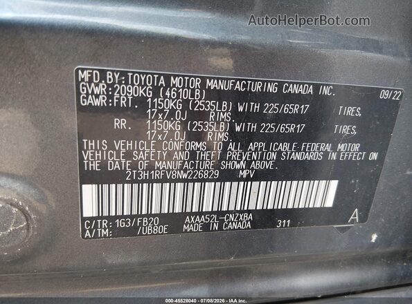 2T3H1RFV8NW226829 2022 TOYOTA RAV4 Gray Vista del compartimento del motor