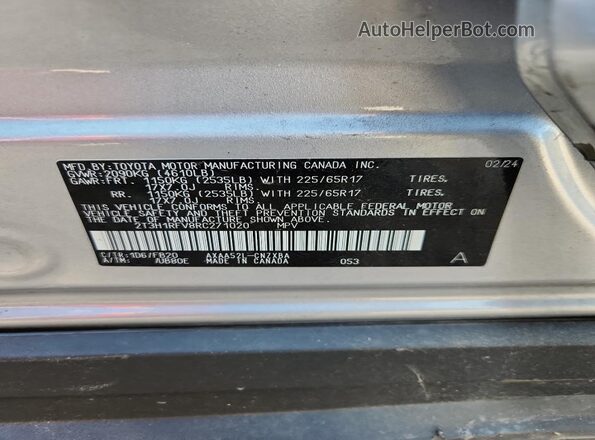 2T3H1RFV8RC271020 2024 TOYOTA RAV4 Silver VIN կոդի պիտակի տեսք