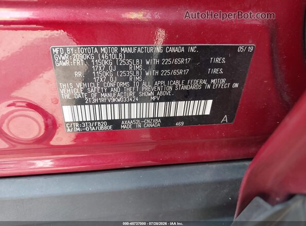 2T3H1RFV9KW033424 2019 TOYOTA RAV4 Red Շարժիչի բաժամունքի տեսք