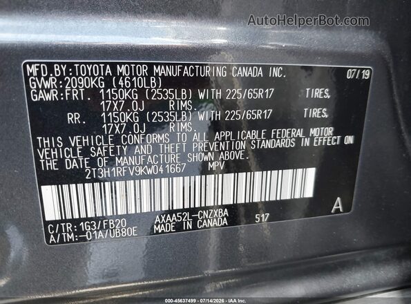 2T3H1RFV9KW041667 2019 TOYOTA RAV4 Gray Vista del compartimento del motor
