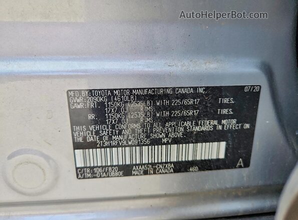 2T3H1RFV9LW091356 2020 TOYOTA RAV4 Silver VIN კოდის სტიკერის ხედი