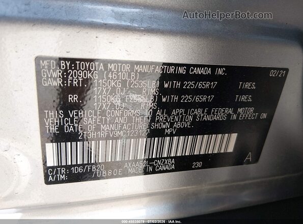 2T3H1RFV9MC123127 2021 TOYOTA RAV4 Silver Vista del compartimento del motor
