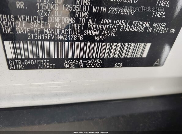 2T3H1RFV9NW217816 2022 TOYOTA RAV4 White Vista del compartimento del motor