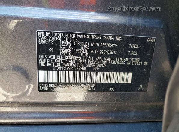 2T3H1RFV9RC276260 2024 TOYOTA RAV4 Gray Вид наклейки з VIN-кодом