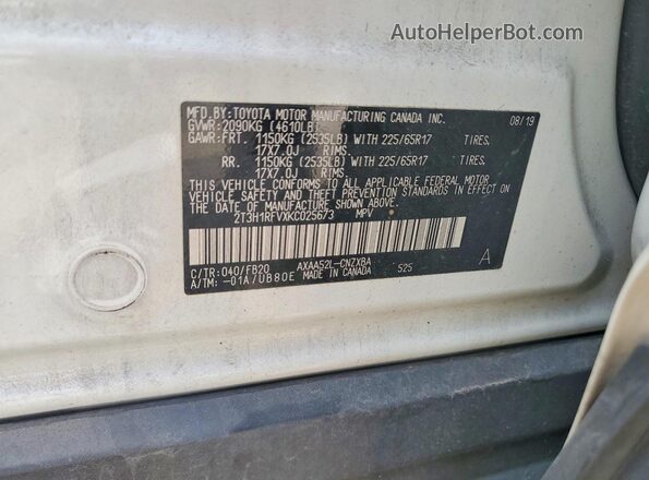 2T3H1RFVXKC025673 2019 TOYOTA RAV4 White Вид наклейки з VIN-кодом
