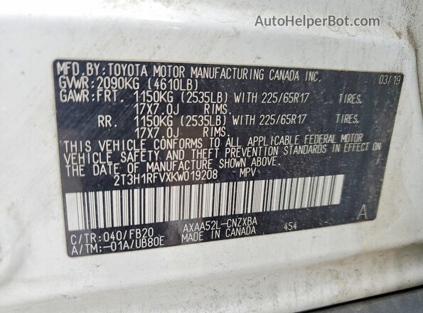 2T3H1RFVXKW019208 2019 TOYOTA RAV4 White VIN კოდის სტიკერის ხედი
