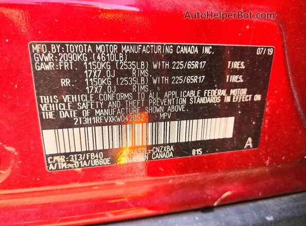 2T3H1RFVXKW042052 2019 TOYOTA RAV4 Red VIN sticker view