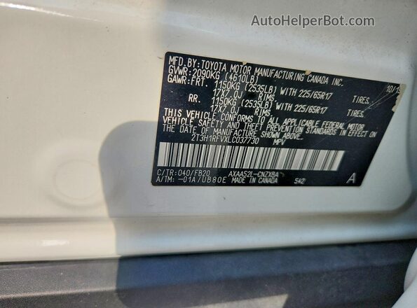 2T3H1RFVXLC037730 2020 TOYOTA RAV4 White Widok naklejki z numerem VIN