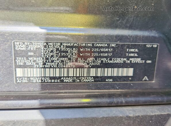 2T3H1RFVXLC048470 2020 TOYOTA RAV4 Gray Vista de la etiqueta del VIN