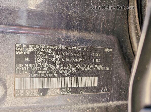 2T3H1RFVXLW101781 2020 TOYOTA RAV4 Серый Вид наклейки с VIN-кодом