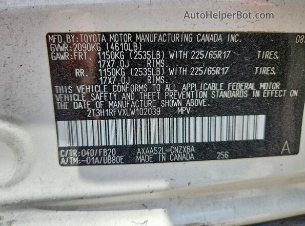 2T3H1RFVXLW102039 2020 TOYOTA RAV4 White Вид наклейки з VIN-кодом